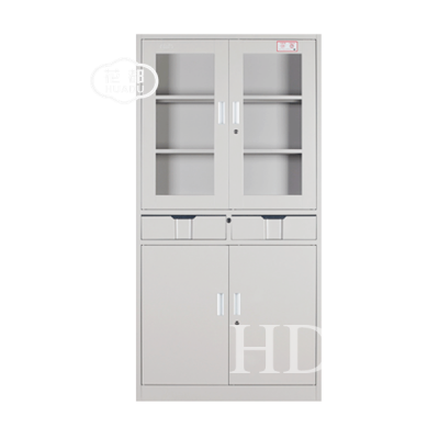 Full height metal cabinet with 2 drawers glass door